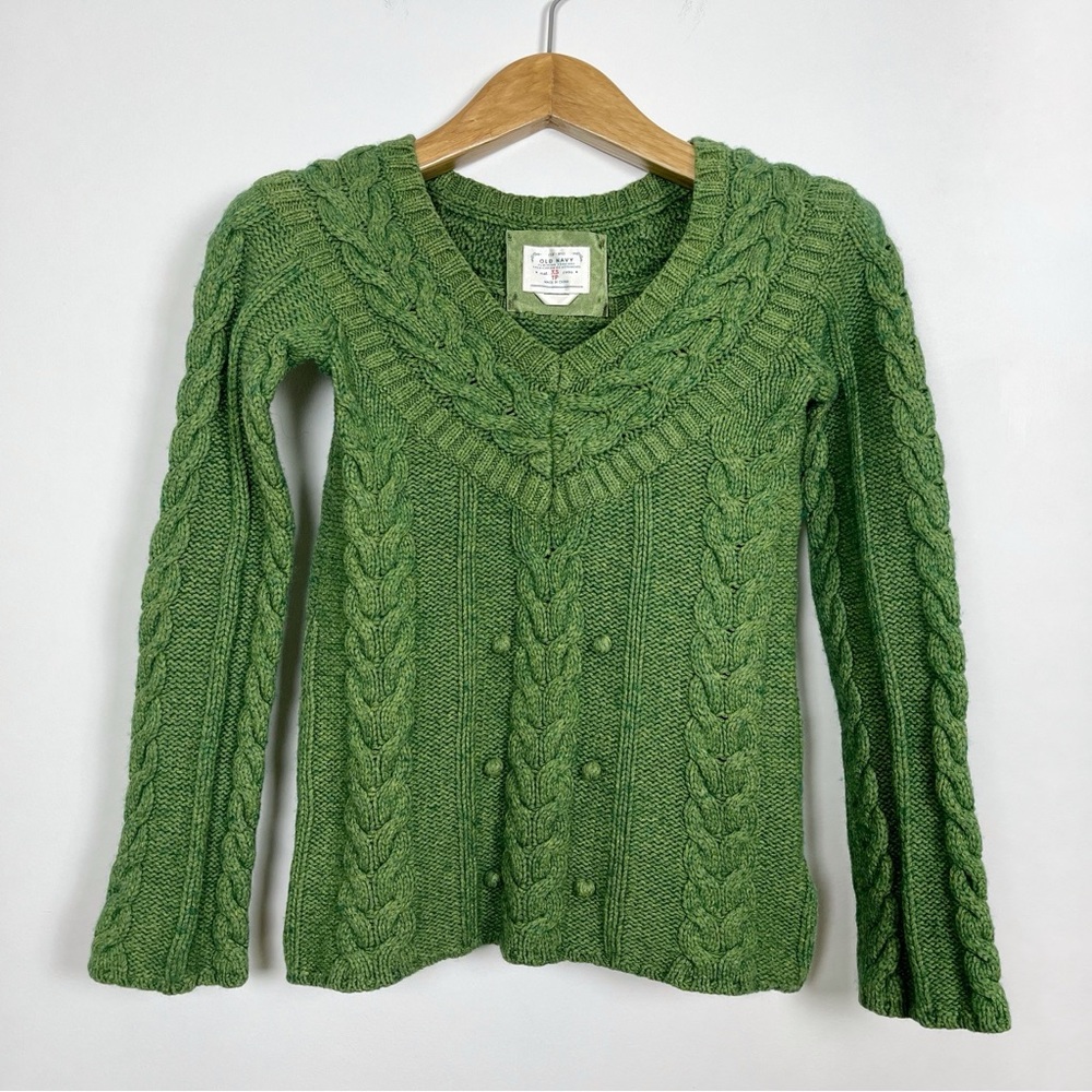 Vintage Old Navy Women’s Green Cable Knit Cotton Wool Blend‎ Sweater Size XS